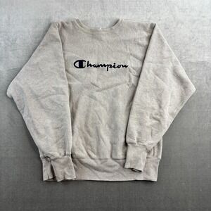 Champion Reverse Weave Crewneck Sweatshirt Grey Embroidered Logo Mens Large